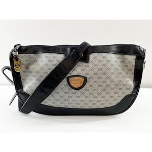 Gucci Vintage Interlocking GG Web Crossbody Crescent Shoulder Bag Gray Black